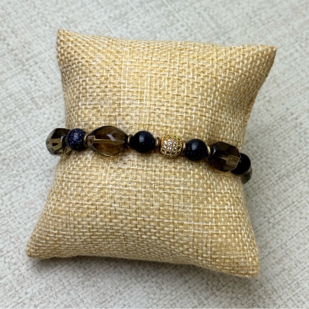 Blue Goldstone Smoky Quartz Beaded Stretch Bracelet